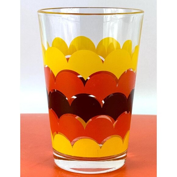 Vintage 70s water glass tumbler, groovy orange yellow brown wave print, Italy - Picture 3 of 8